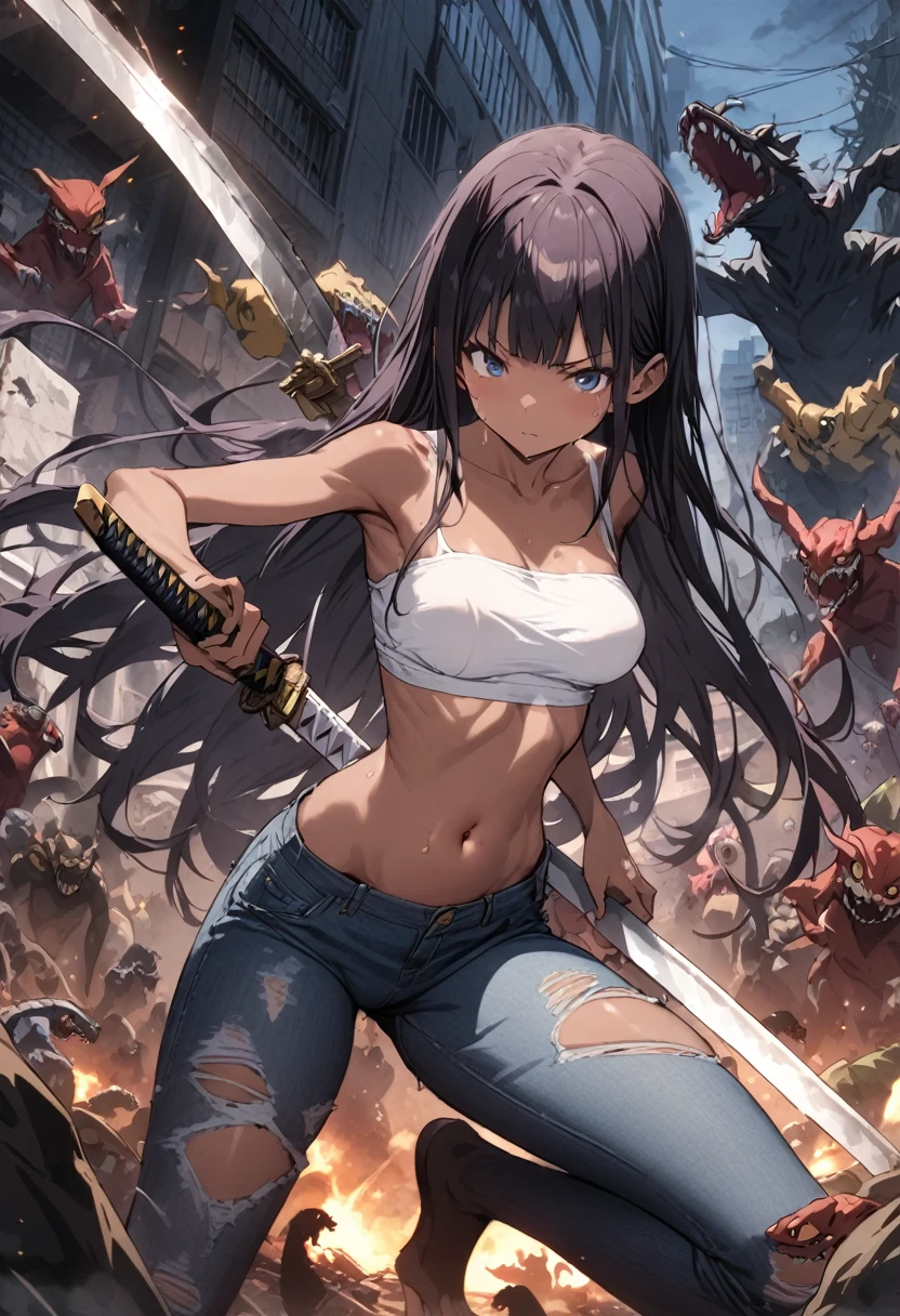 Many monsters attack、(((masterpiece, Highest quality:1.3,absurdres))),nsfw,25 year old beauty,solo,((very small head:1.3)),long hair,bangs,dark blue hair,dark blue eyes,gorgeous eyes,Serious expression、medium breasts,((very long body:1.2)),((toned body,slender body)),skinny,(tan skin),gleaming skin,shiny skin,sweat,((ripped jeans)),((White tube top,navel)),A detailed depiction of a Japanese sword held in each hand、Fighting stance with a Japanese sword,(Lots of monsters),Collapsed building,Tokyo、at night、