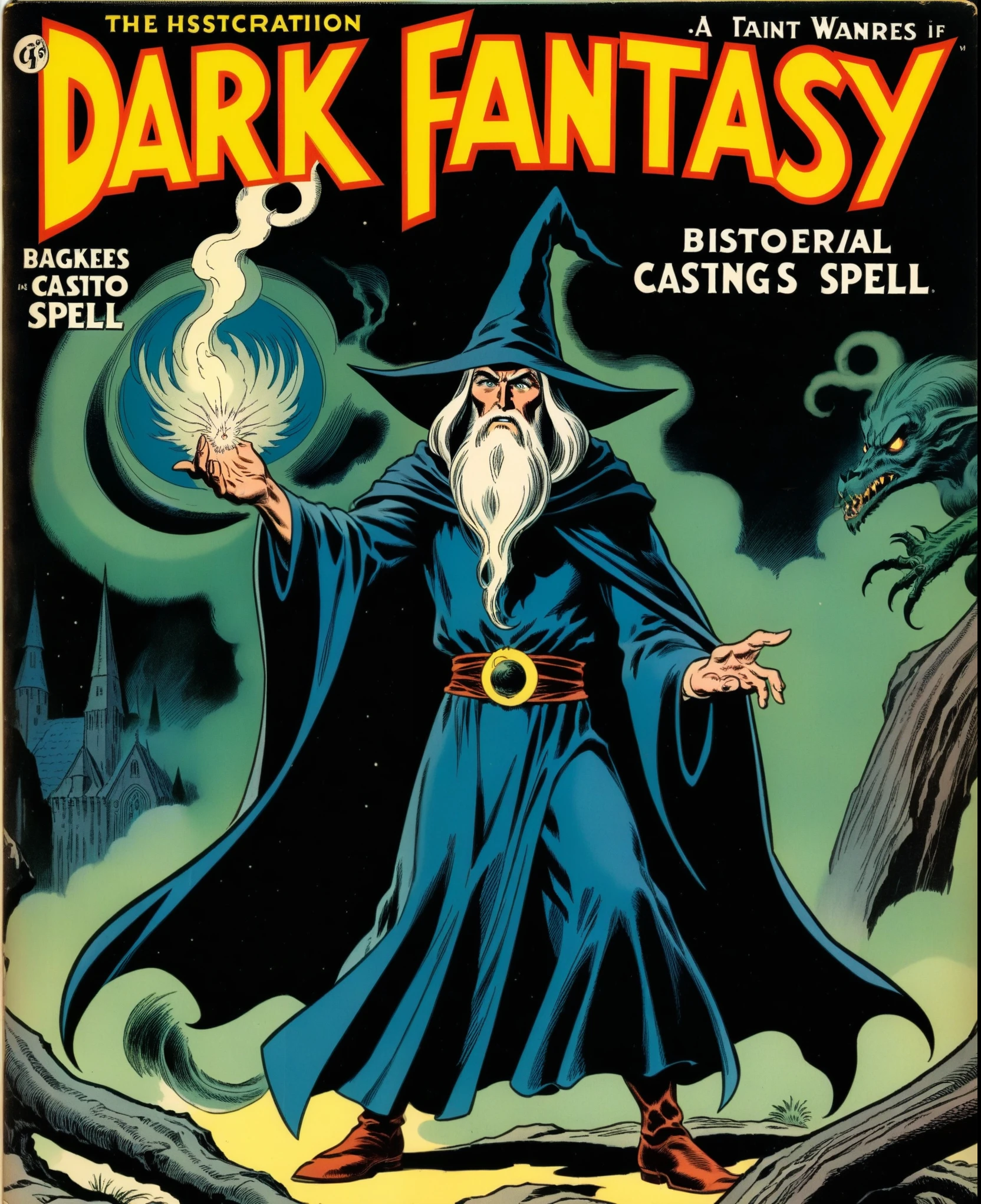 a vintage comic book with the title text: "Dark Fantasy", illustration of a powerful wizard casting a spell