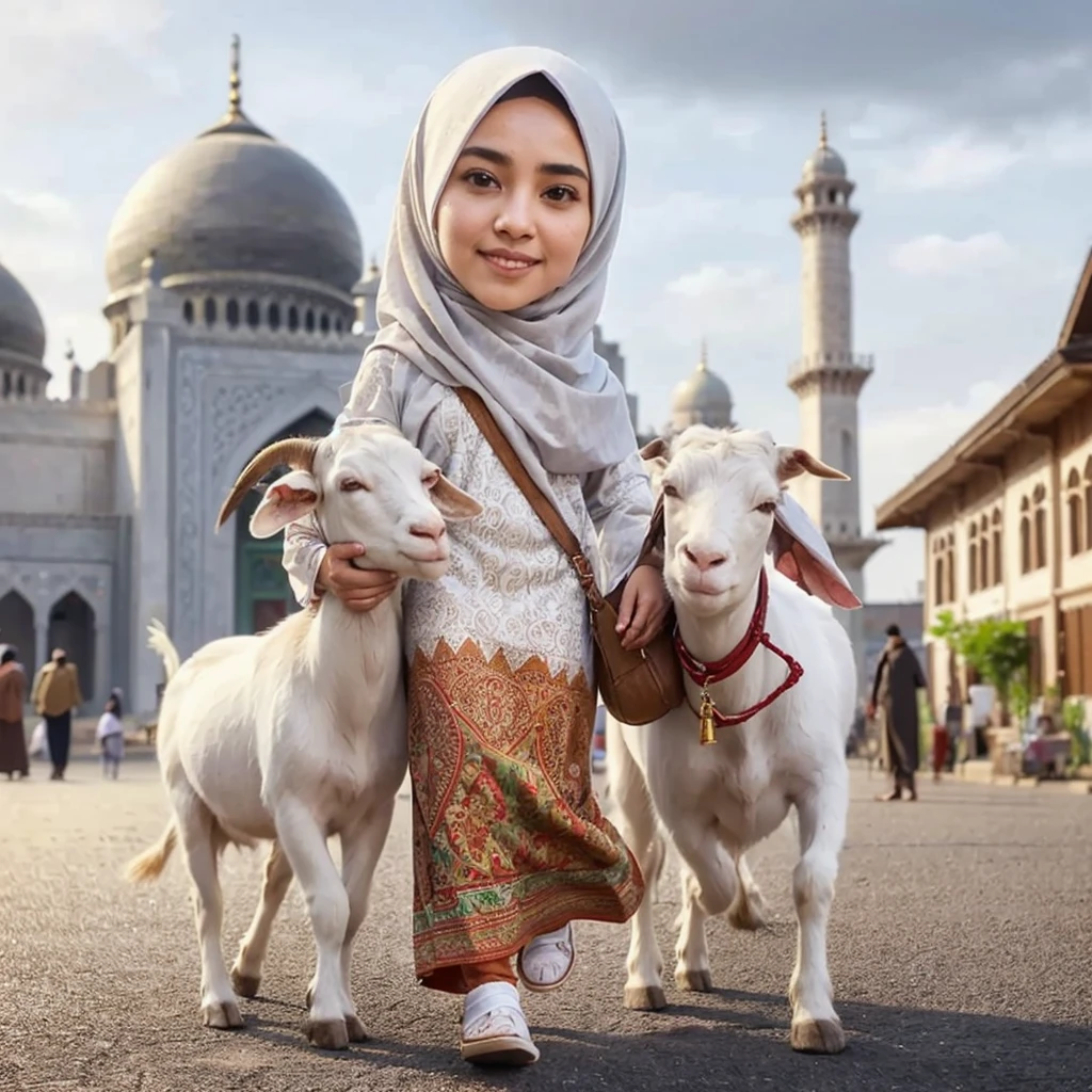 The image captures a serene moment outside a majestic mosque, adorned with elegant domes and towering minarets that pierce the sky. An individual, draped in a beautifully patterned garment and hijab, stands poised between two goats, suggesting a scene of peaceful coexistence. The paved foreground where they stand contrasts with the architectural marvel in the background, hinting at a blend of daily life and spiritual grandeur. In the distance, other individuals add to the tapestry of this culturally rich tableau