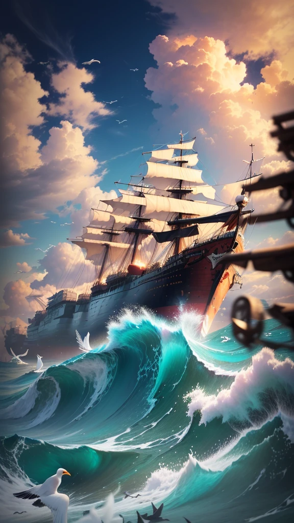 A ship floating on the sea,Barrels and scattered reins were neatly placed on the wooden deck.,In the distance, two ships are floating on the rough sea.,An island in the distance,There is also blue sky, white clouds and seagulls,Natural light,High-definition quality,High-quality posters,