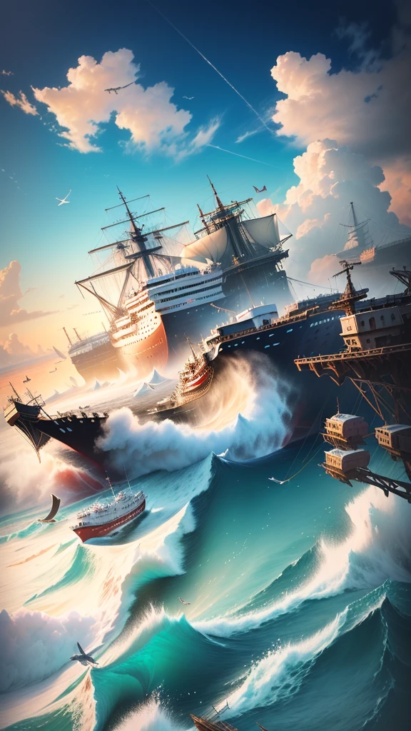 A ship floating on the sea,Barrels and scattered reins were neatly placed on the wooden deck.,In the distance, two ships are floating on the rough sea.,An island in the distance,There is also blue sky, white clouds and seagulls,Natural light,High-definition quality,High-quality posters,