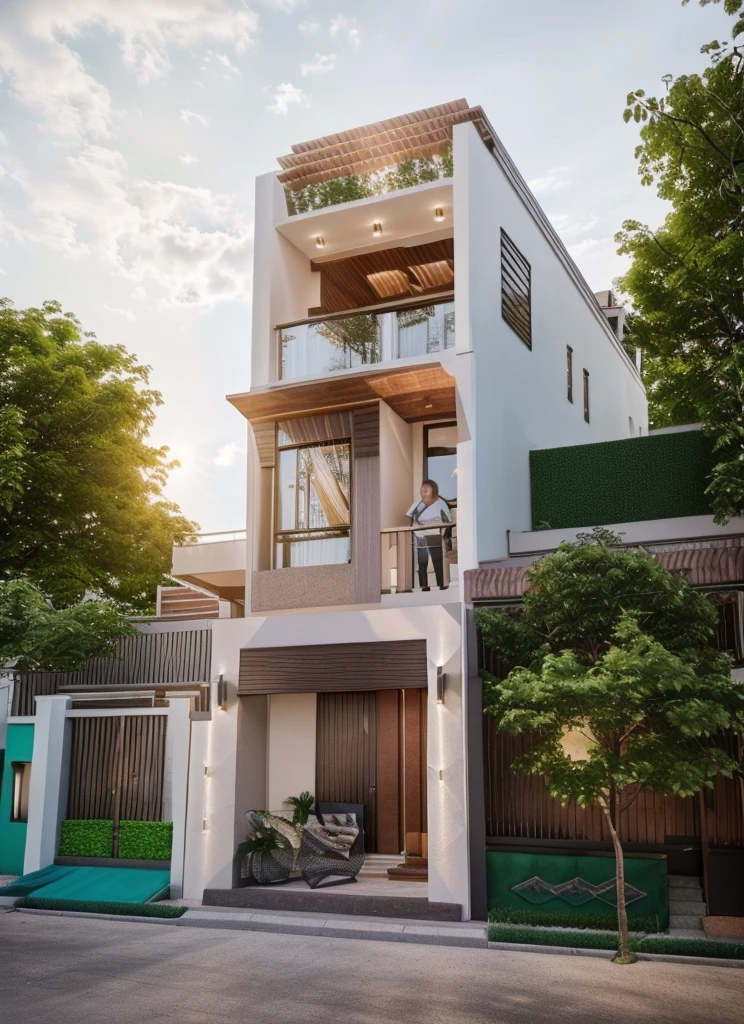 (Townhouse in city ,close houses and trees), (street road) , street landscape, daylight ( best quality) ((high solution)) ,(( photo realistic)) ,warm light, (sharp focont view of townhouse in style of modern, small house, Narrow area,VietNam, facade, beautiful facade, narrow and long ,three-storey,mutual colours, soft lighting, warm atmosphere,high Resolution, hyper detailed,4k ,vray render, octane render, hyper realistic, photography expert ,exterior design , professional photography, exterior photography,wide-angle shot , ultra detail , high Resolution , full frame, full body