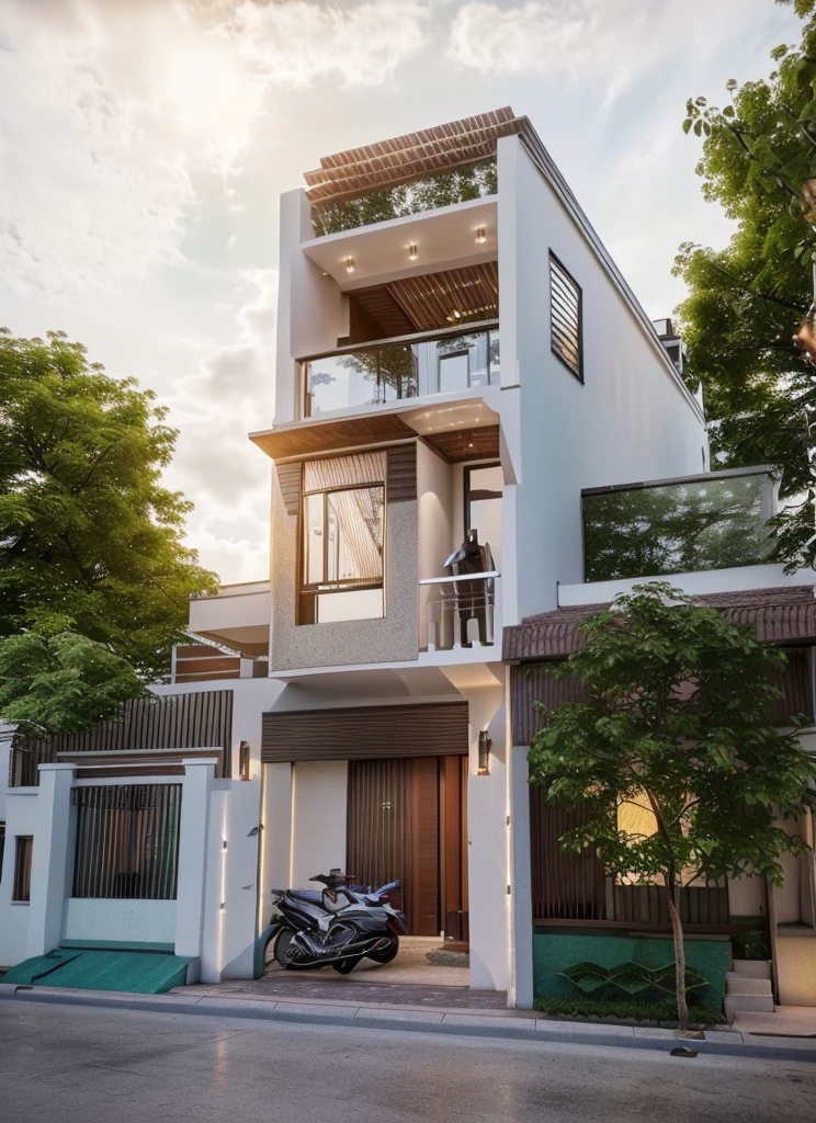 (Townhouse in city ,close houses and trees), (street road) , street landscape, daylight ( best quality) ((high solution)) ,(( photo realistic)) ,warm light, (sharp focont view of townhouse in style of modern, small house, Narrow area,VietNam, facade, beautiful facade, narrow and long ,three-storey,mutual colours, soft lighting, warm atmosphere,high Resolution, hyper detailed,4k ,vray render, octane render, hyper realistic, photography expert ,exterior design , professional photography, exterior photography,wide-angle shot , ultra detail , high Resolution , full frame, full body