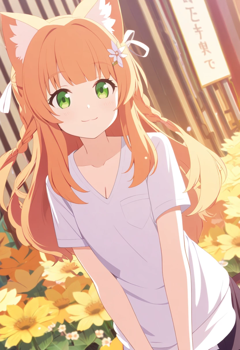 iochi mari, catgirl, v neck shirt, warm smile, cute, ear fluff, cat ear, orange hair,  looking at viewer, standing, slightly bend foward, flower hairpin, long hair, 
