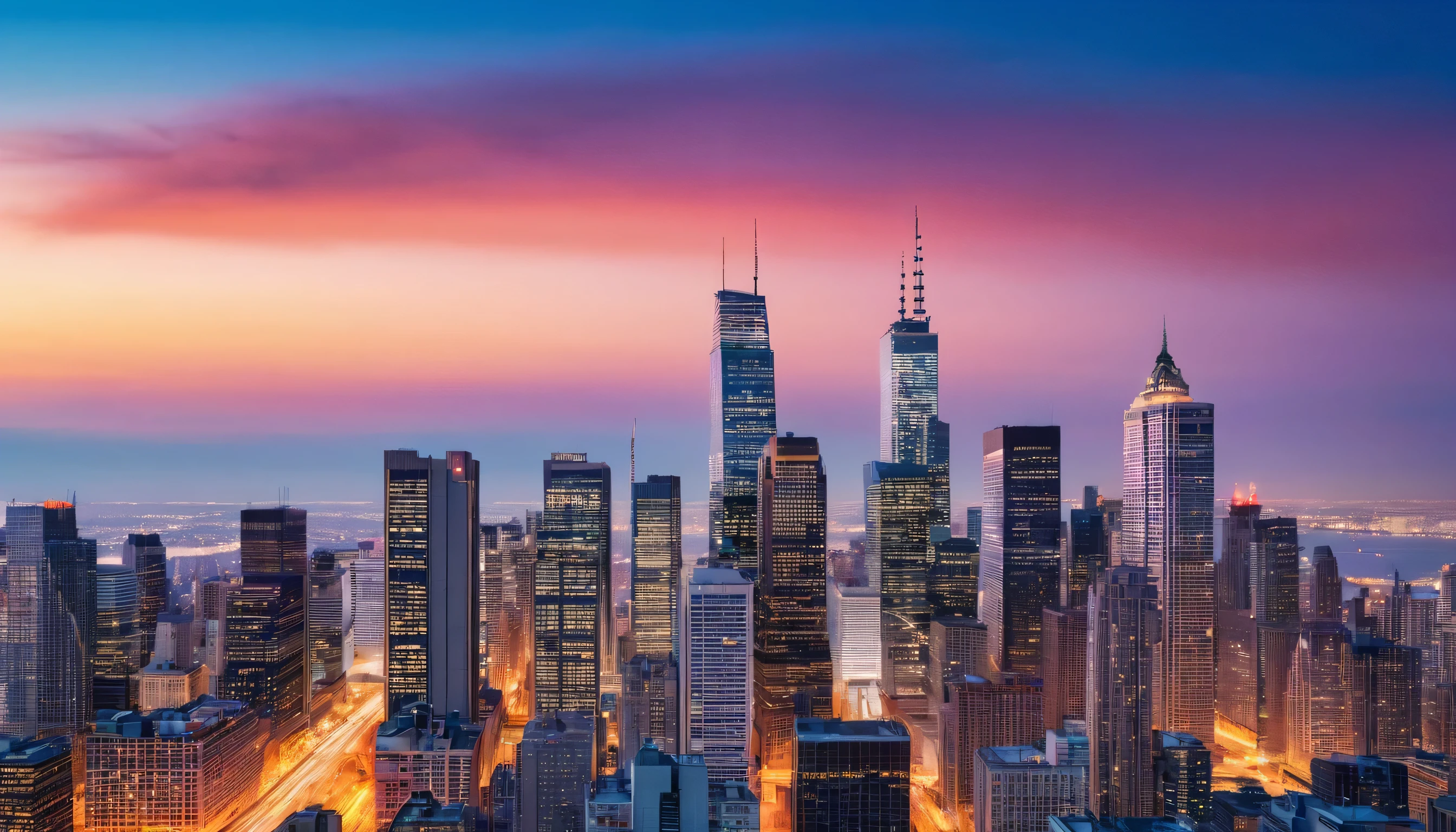 Elevate your urban-themed designs with our gradient cityscape image. Against a backdrop of skyscrapers and city lights, this 16:9 aspect ratio composition features a striking blend of urban colors, from the fiery glow of sunset to the cool blues of twilight. Whether used in presentations, city guides, or social media banners, its dynamic palette captures the vibrancy and energy of the modern metropolis.
