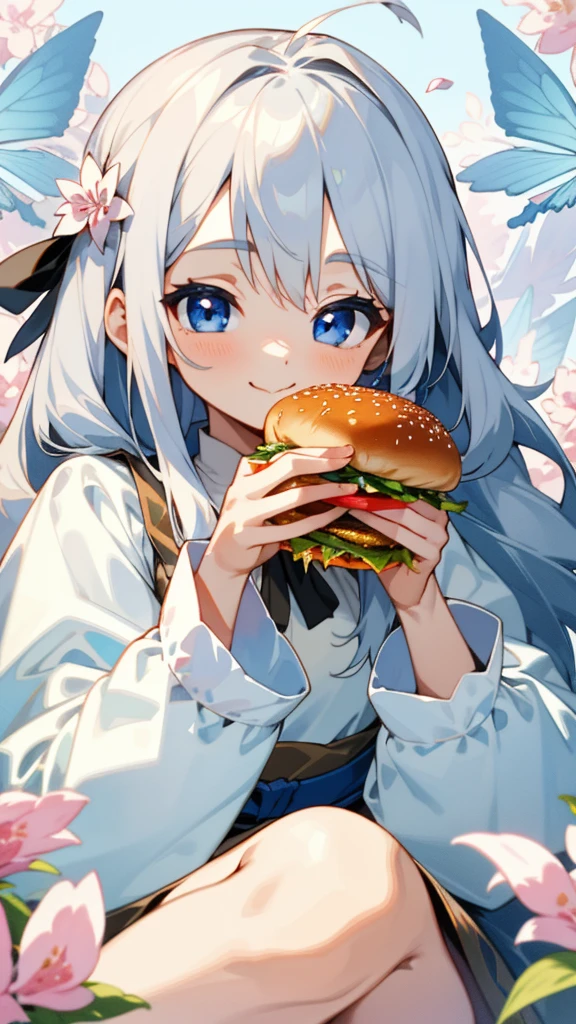 （Highest quality，masterpiece，Surreal），Silver Hair、Long Hair、Beautiful Blue Eyes、smile、Wearing a peasant tunic、Eating a hamburger、Beautiful and delicate girl portrait，Playful and cute，Background Petals fluttering，