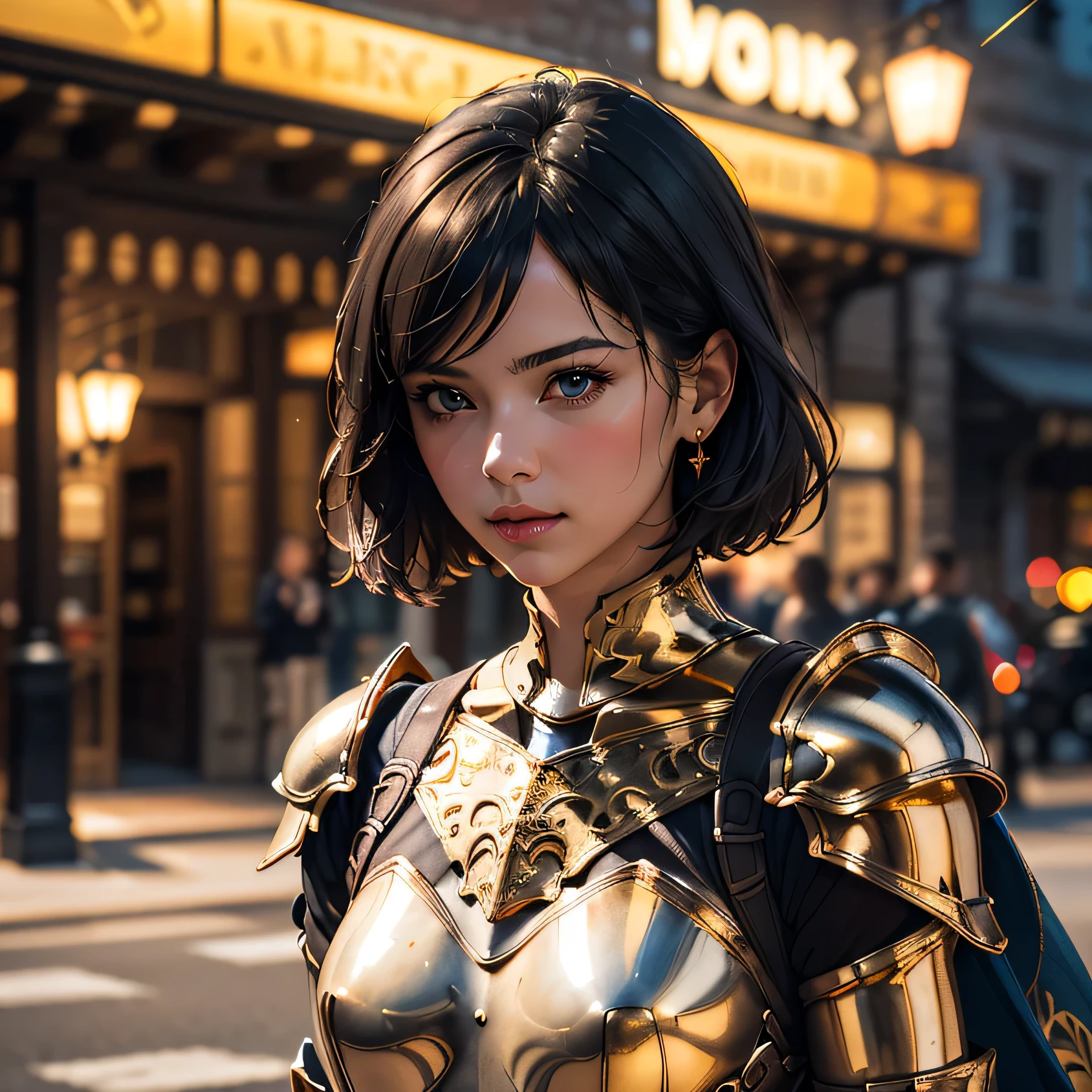 Portrait of a Girl, The most beautiful in the world, (Medieval gold armor), Metal Reflection, Upper Body, Outdoor, Strong light, Distant Castle, Detailed professional photos of beautiful women, Sexy thick black hair in a perfect bob, Sharp focus, dramatic, Awards, Cinema Lighting, Volumetrics dtx, (Film Grain, Blurred Background, Blurred foreground, Bokeh, Depth of written boundary, comminicate, Perfect Chainmail), (masterpiece), (Very complicated:1.3), (Realistic)