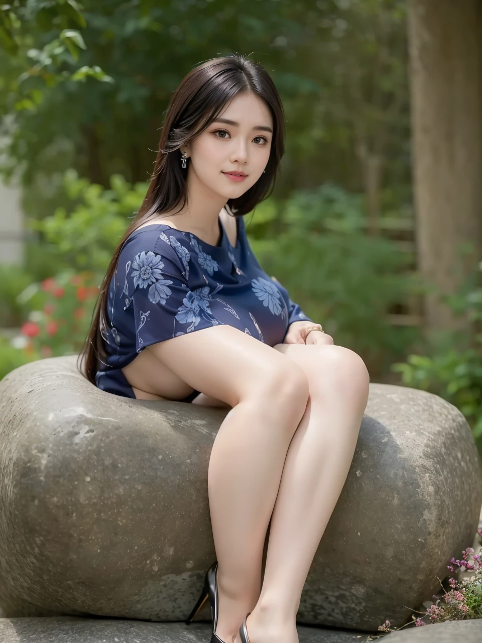 ((Best Quality, 8K, Masterpiece:1.3)), 40k, photography, Perfect Body Beauty:1.4, Cinematic lighting, Black long hair, straight Bangs, (Blue batik:1.1) , (in front of cafe:1.2), Highly detailed face and skin texture, Detailed Eyes, Double eyelids, skin brightening, perfect faces, (Huge breasts:1.5), (nighttime), Smile, Earrings, necklaces, mature women, coffee on table, (a women sitting On the stone in the mouth sea), s whole body, Pretty legs, high-heel