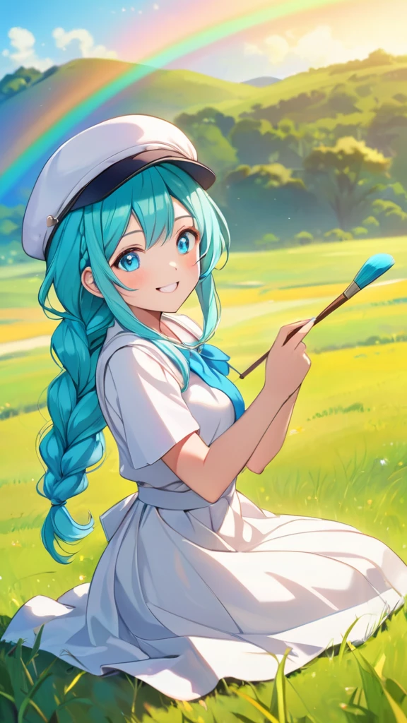 Female, mature, Beautiful, Humble, Kind, long hair upper waist Stright Braided Hairstyles, Aqua blue pupil eyes colour, bright cyan Hairs, wear Newsboy Cap rainbow colours, white dress flowing with skirt, holding small brush sit on stand blank Canva grass front, happy face, Open grassland background in the morning. Anime style, vivid colours.