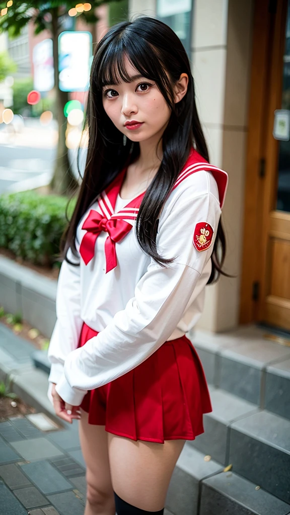 Sailor Mars with long black hair wearing a sailor fuku uniform with cherry print and cherry accessories. Natural skin flaws, realistic straight hair texture. Shot using a Canon EOS R camera with a 50mm f/1.8 lens, f/2.2 aperture, shutter speed 1/200s, ISO 100, 3/4 body view --s 750
