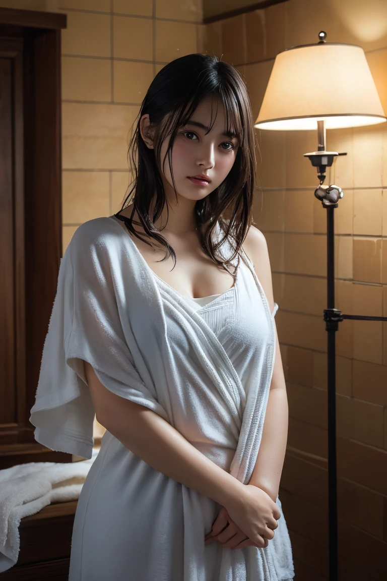 (Highest quality:1.4),(masterpiece:1.4),(Realistic:1.4),(Realistic:1.2),(超High resolution, RAW Photos:1.4),(High resolution, Ultra-detailed:1.2),(8k:1.2),View your viewers,Cinematic photography,a photo of a dark-haired,One girl,alone,((After bath,Completely naked,Damp Hair,Wrap a bath towel around your body,View from the front)),skeletally correct,(Western-style building interior,Dimly lit room,The lamplight shines on my cheeks)