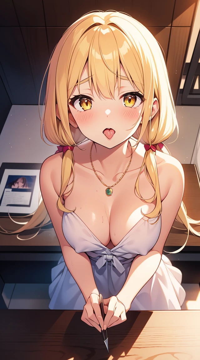 original character, Volumetric lighting, Best Shadow, Shallow depth of field, 驚くほど美しいGirlの肖像画, , delicate, Beautiful and attractive face with captivating yellow eyes, Dirty paint face, Sharp eyebrows,, Nice medium sized breasts, Layered long twin tail blonde, Blush Eyeshadow, Thick eyelashes, slim、 ((masterpiece:1.4, Highest quality)), ((masterpiece, Highest quality)),Girl、睨みつけるGirl、(Composition looking up from below)、Nipplesをみせている、抵抗するGirl、、clavicle, 全naked、Nipples、Ecstasy、orgasm、Lock the first round、necklace、insult、(((Browsing Caution))),Highest quality、pretty girl、naked、close your eyes、Feel the expression、Mouth wide open, Adam's apple visible