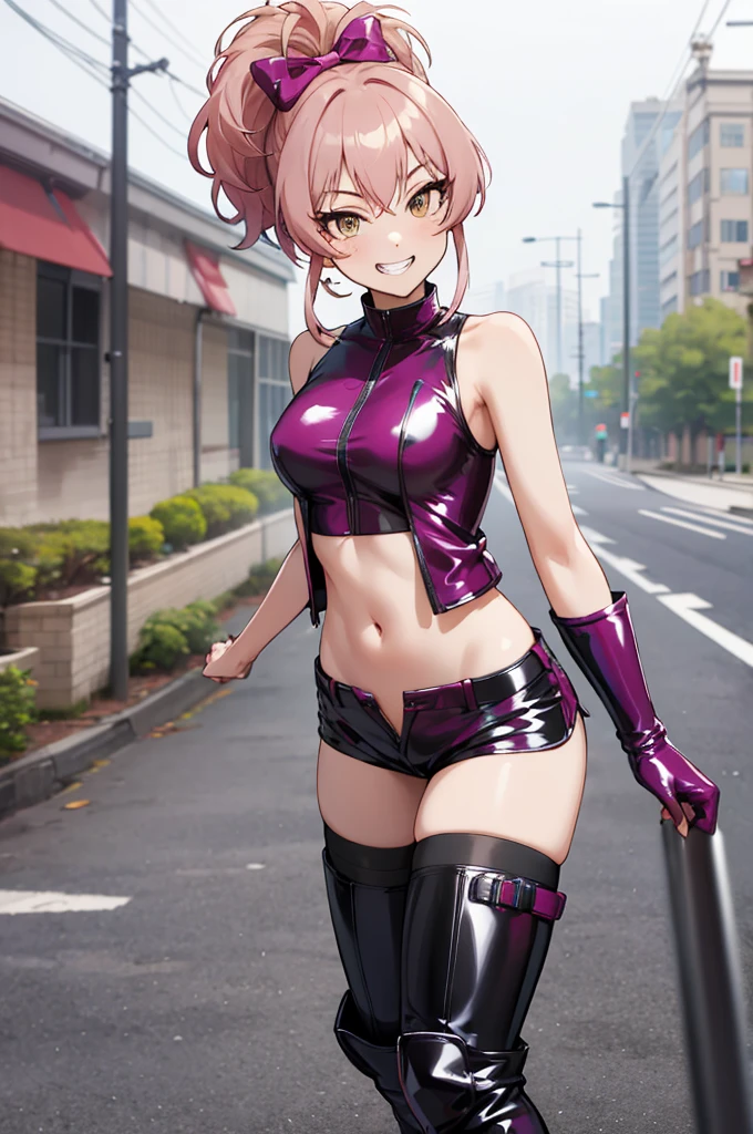 masterpiece, best quality, highres, aamika, ponytail, hair bow,,grin,evil smile, , latex ,looking viewer,thighhighs,shorts,boots,navel,sleeveless,standing,outdoor,((nsfw))