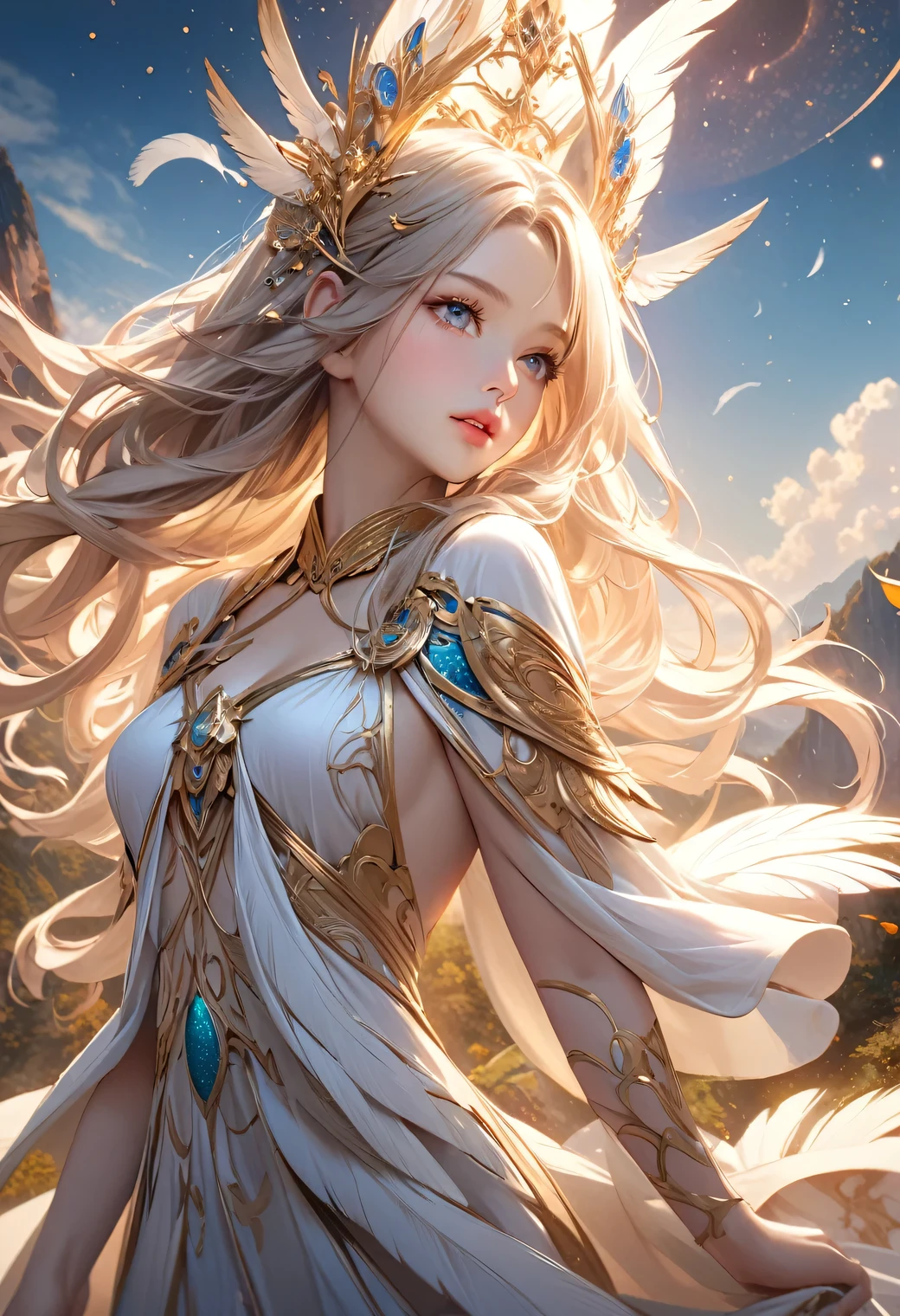 Fantasic Illustration, Masterpiece: 1.2, Highest Quality, Highres, 16k, Beautiful Detailed, Ultra-Realistic, Photo Realistic: 1.37, a beautiful and cute celestial maiden with feathered robes, detailed whole-body, beautiful detailed eyes, beautiful detailed lips, extremely detailed face, long eyelashes, flowing hair, elegant pose, fantasy shangri-la landscape background, glowing light, soft warm colors, cinematic lighting, intricate details, digital art, active posing