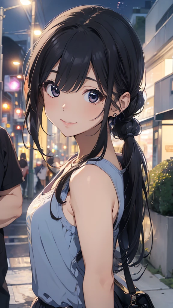 young woman、smile、((Random Hairstyles))、Blushing、((masterpiece、High resolution、16K))、((Random design spring clothes))、(Very close:1.5)、Explore the city at night、(Focus on the upper body:1.5)