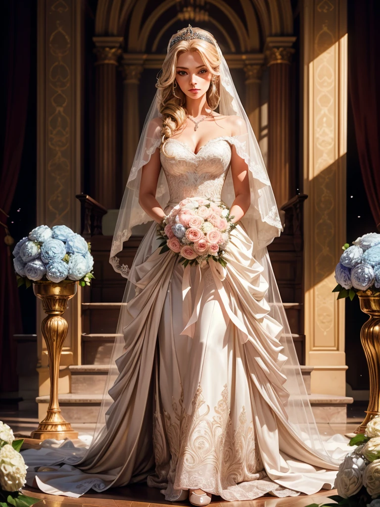 the wedding altar. Everything is decorated with lots of white and pink hydrangeas, everything is sparkling, a festive atmosphere. An incredibly beautiful young femme fatale stands at the altar-a blonde with long golden hair arranged in a magnificent wedding hairstyle decorated with pearl thread, blue eyes, she is wearing a luxurious chic wedding brand dress, jewelry, a beautiful veil, a tiara. She holds the bride's bouquet in her hands. She looks at her lover, who is walking towards her. Masterpiece, beautiful face, beautiful facial features, perfect image, realistic photos, full-length image, 8k, detailed image, extremely detailed illustration, a real masterpiece of the highest quality, with careful drawing. glow. In full growth.