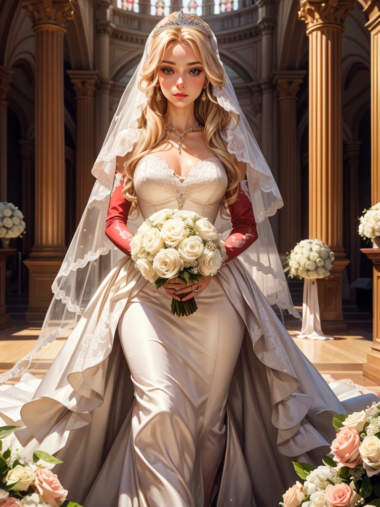 the wedding altar. Everything is decorated with lots of white and pink hydrangeas, everything is sparkling, a festive atmosphere. An incredibly beautiful young femme fatale stands at the altar-a blonde with long golden hair arranged in a magnificent wedding hairstyle decorated with pearl thread, blue eyes, she is wearing a luxurious chic wedding brand dress, jewelry, a beautiful veil, a tiara. She holds the bride's bouquet in her hands. She looks at her lover, who is walking towards her. Masterpiece, beautiful face, beautiful facial features, perfect image, realistic photos, full-length image, 8k, detailed image, extremely detailed illustration, a real masterpiece of the highest quality, with careful drawing. glow. In full growth.