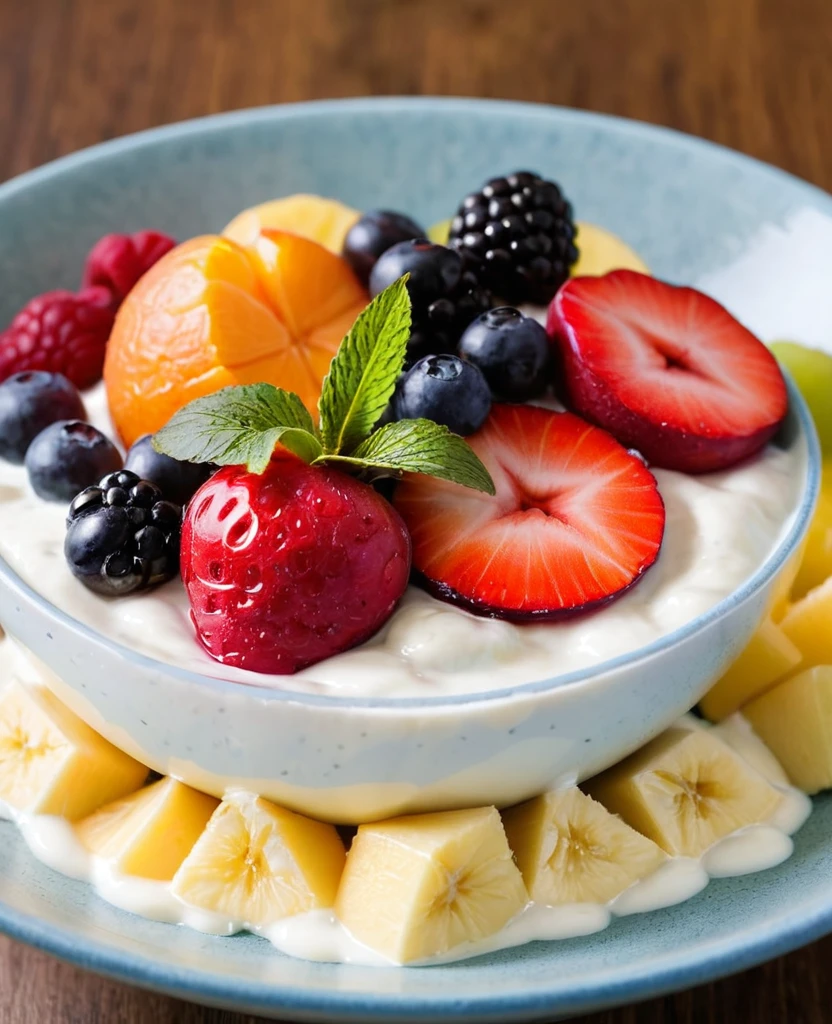 A bowl of yogurt mixed with fruit, honest, Nice looking