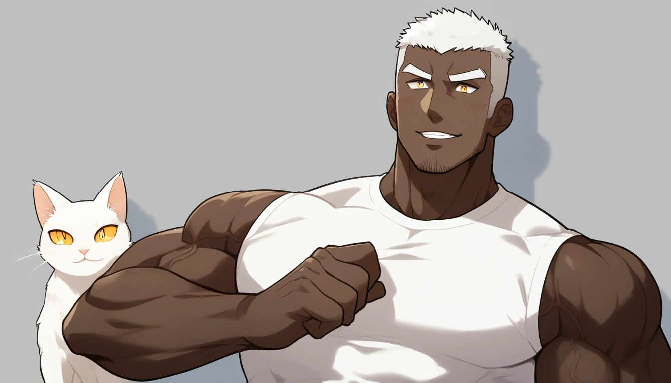negro, negro, negro, anime characters:Gyee, Fitness coach, negro black skin, 1 muscular tough guy, Manliness, White cat ears, male focus, Cream White Sleeveless Tight T-Shirt, Very tight, The pectoral muscles are oversized, Slightly transparent, muscular male, muscular, only, Upper body, alone, White short hair, Thick eyebrows, stubble, Yellow eyes, Grey background, simple background, amazing quality, best aesthetics, Ridiculous, bright pupils, crew cut, parted lips, seductive smile, torogao, naughty face, drop shadow, best quality