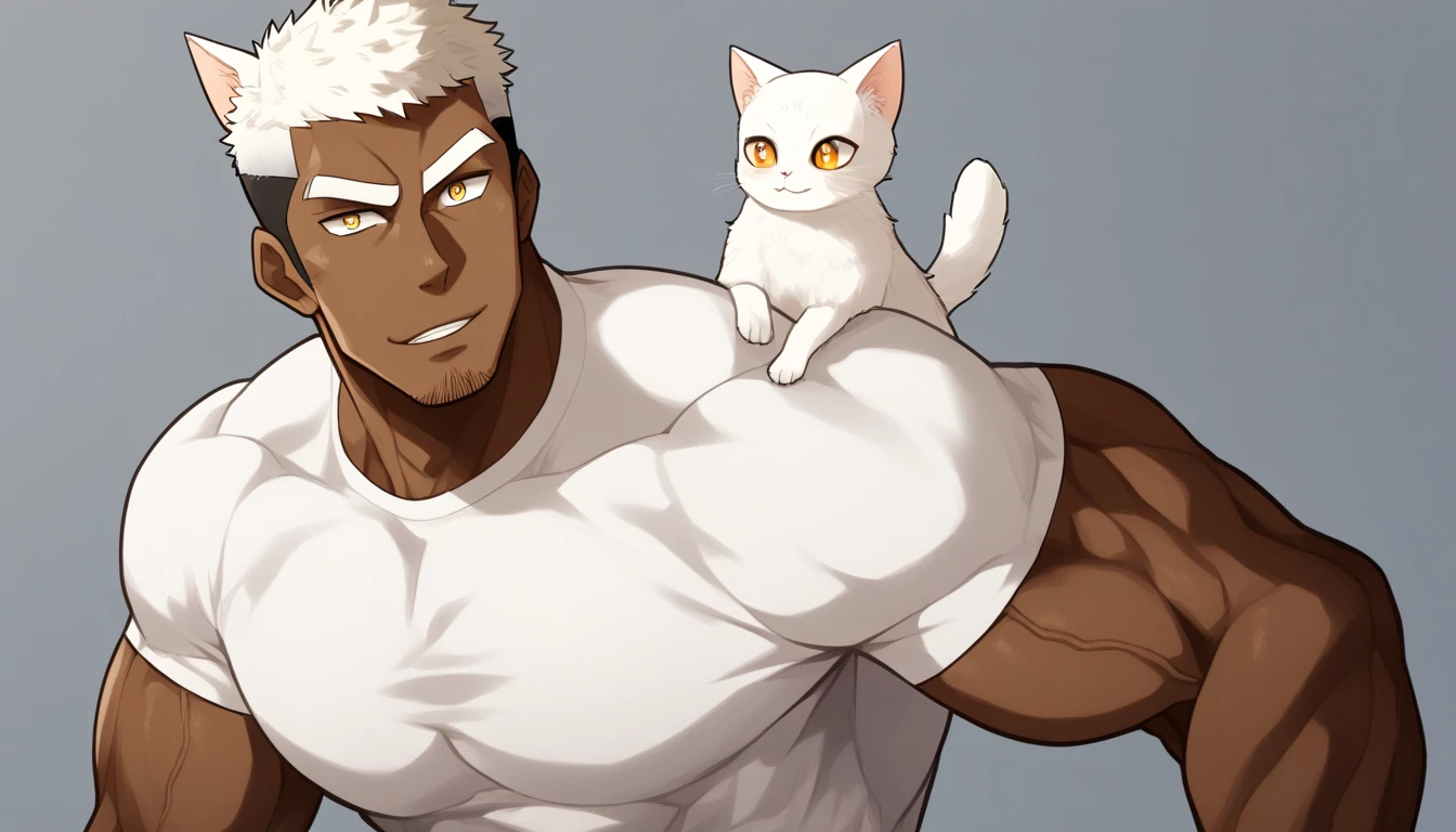 negro, negro, negro, anime characters:Gyee, Fitness coach, negro black skin, 1 muscular tough guy, Manliness, White cat ears, male focus, Cream White Sleeveless Tight T-Shirt, Very tight, The pectoral muscles are oversized, Slightly transparent, muscular male, muscular, only, Upper body, alone, White short hair, Thick eyebrows, stubble, Yellow eyes, Grey background, simple background, amazing quality, best aesthetics, Ridiculous, bright pupils, crew cut, parted lips, seductive smile, torogao, naughty face, drop shadow, best quality