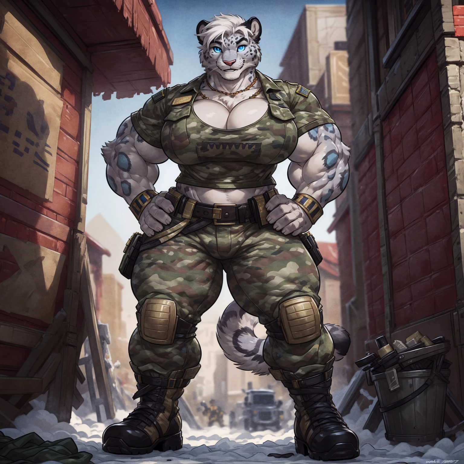 solo, 1girl, snow leopard, white hair, blue eyes, female, buff, muscular, huge breasts, gold eyes, highly detailed eyes, Amazon, wearing camouflage_uniform, (urban uniform:1.2), military camp, rolled sleeves, shirt, trousers, cleavage, standing upright, combat boots, full body, smiling, friendly, looking at viewer, realistic lighting, by darkgem, by wfa, by bng,