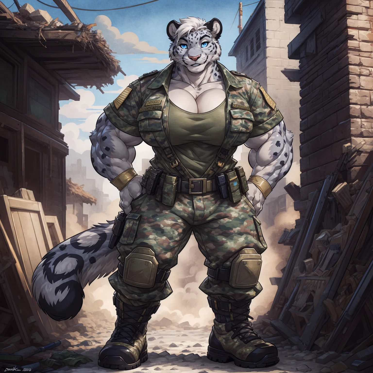 solo, 1girl, snow leopard, white hair, blue eyes, female, buff, muscular, huge breasts, gold eyes, highly detailed eyes, Amazon, wearing camouflage_uniform, (urban uniform:1.2), military camp, rolled sleeves, shirt, trousers, cleavage, standing upright, combat boots, full body, smiling, friendly, looking at viewer, realistic lighting, by darkgem, by wfa, by bng,