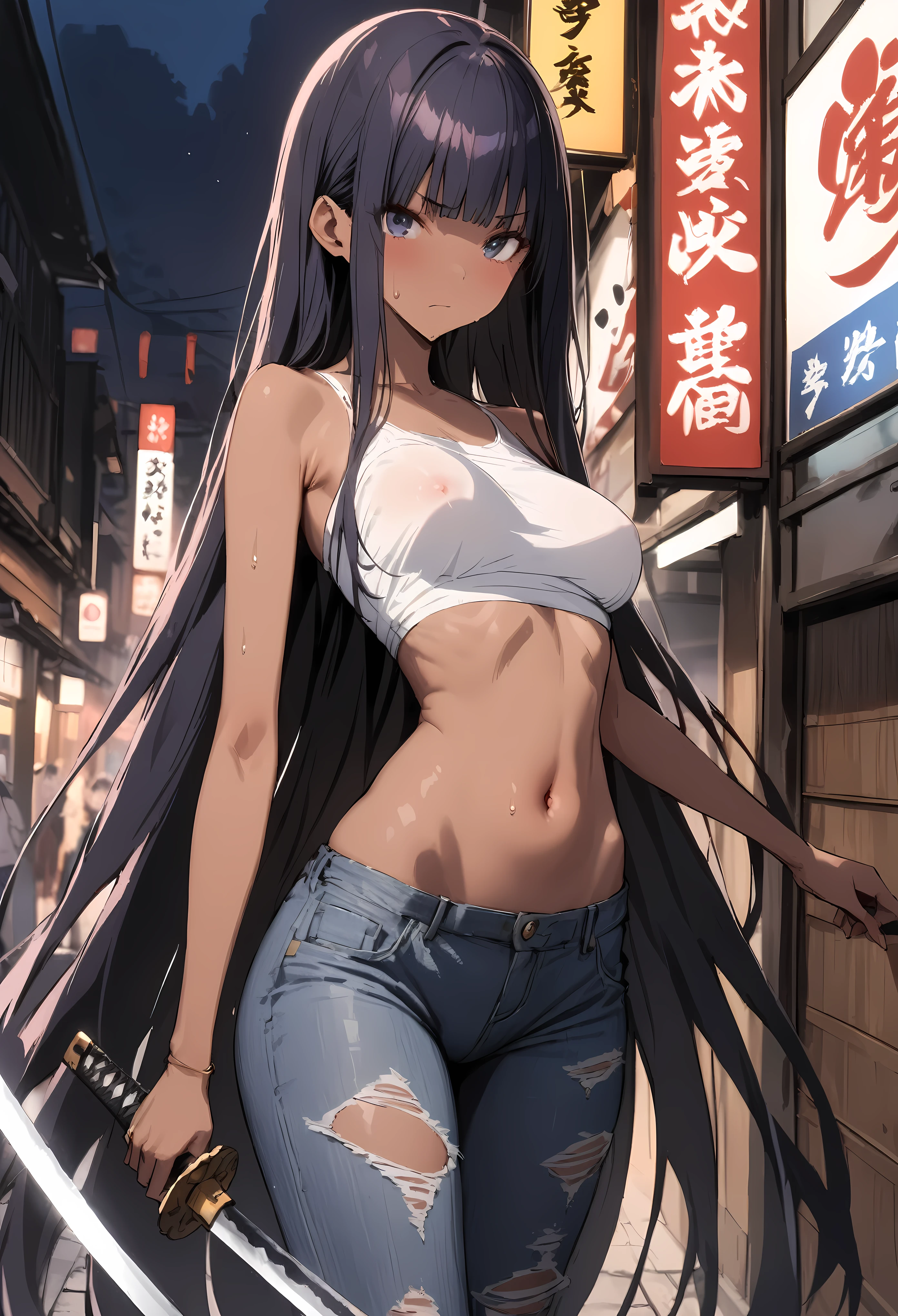 Monster Attack、(((masterpiece, Highest quality:1.3,absurdres))),nsfw,25 year old beauty,solo,((very small head:1.3)),long hair,bangs,dark blue hair,dark blue eyes,gorgeous eyes,Serious expression、medium breasts,((very long body:1.2)),((toned body,slender body)),skinny,(tan skin),gleaming skin,shiny skin,sweat,((ripped jeans)),((White tube top,navel)),Japan holding a sword in both hands、A detailed depiction of a Japanese sword、standing,on street,Tokyo、at night、