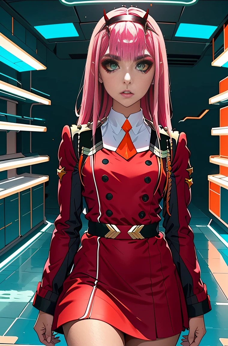 Zero-Two, Long straight and shiny pink hair, small white tiara with two small red horns, (white tiara), straight bangs cover the forehead, green eyes, mascara makeup, eyeshadow makeup, red military uniform with gold metal details on the shoulders, small story black with gold metal detail on the double buckle, white collar with small orange tie, six black buttons, three on each side on the front of the uniform, long red sleeves with black detail, , ((red skirt)), red skirt on top in black tight pants, inside a futuristic room with white neon lighting, teenagers in the background.