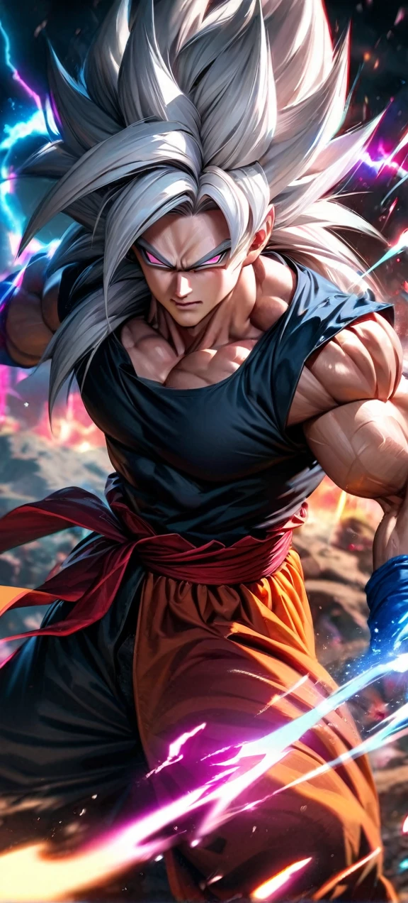 High quality, ultra realistic,absurdres, highres, ultra detailed, HDR, masterpiece, extremely detailed face and eyes, super saiyan 5 goku , dragonball,,long white hair ,black shirt , solo, ,man, handsome, , , Epic fight scene, colorful splashing effect,colorful lightning effect,glowing glitters ,