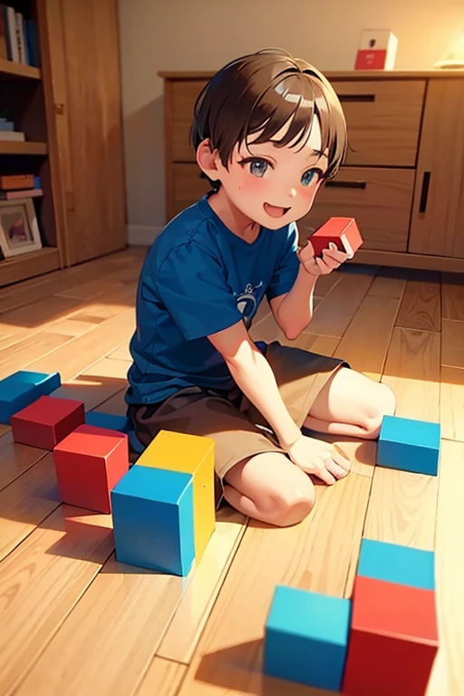 5A boy of about his age I play with a lot of Lego blocks Inside the house Smile Artwork made from blocks(city、flower、Home、car)