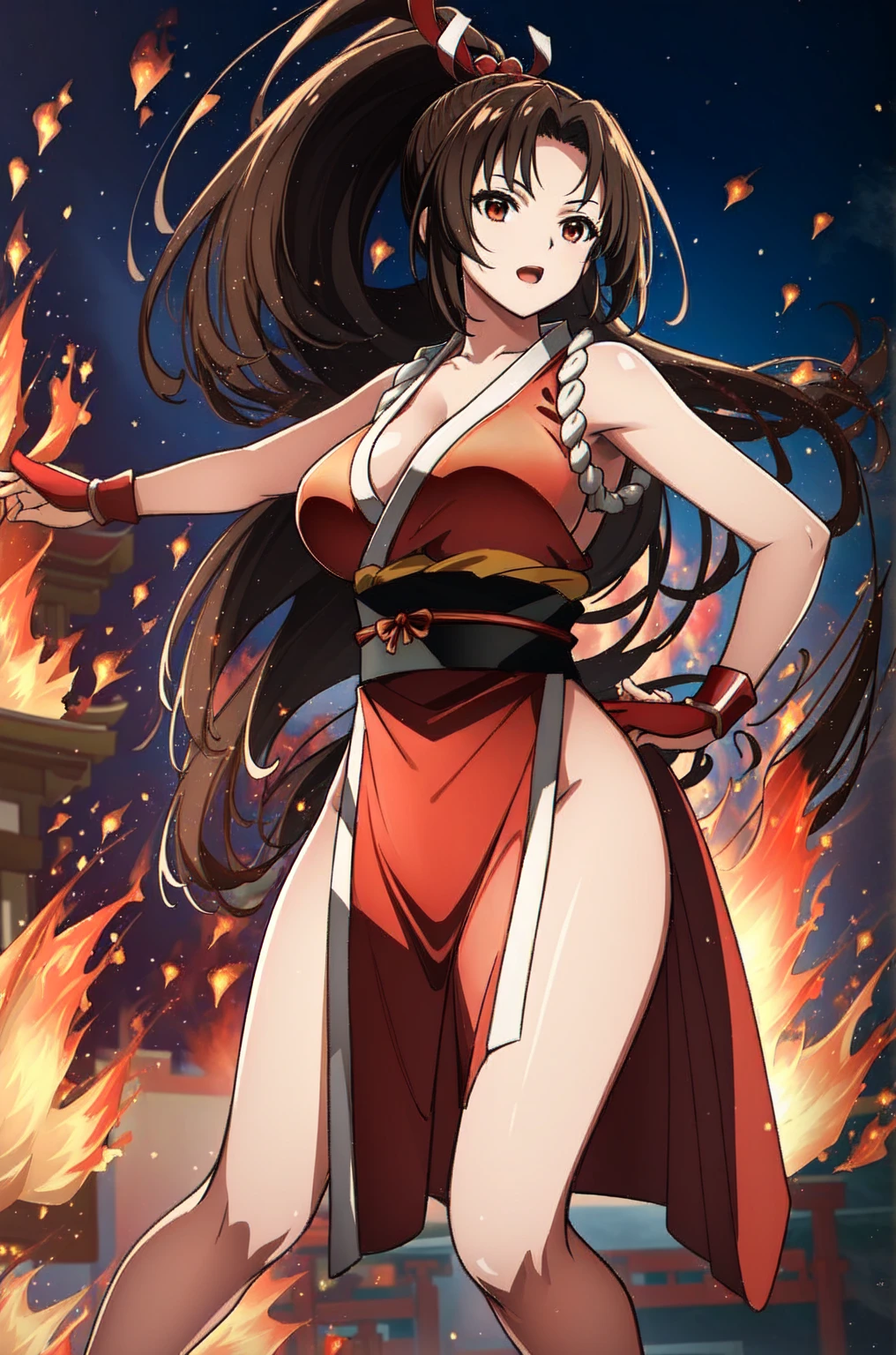 ((Highest quality)), ((masterpiece)), ((Realistic)), Dance does not know fire, My Style, Red clothes, striking a confident pose, Japanese temple detailed background, Warm front light, Contrast and sharpness, Medium depth of field, Dynamic Perspective, Proper scale and proportions, Detailed velvet texture.,
