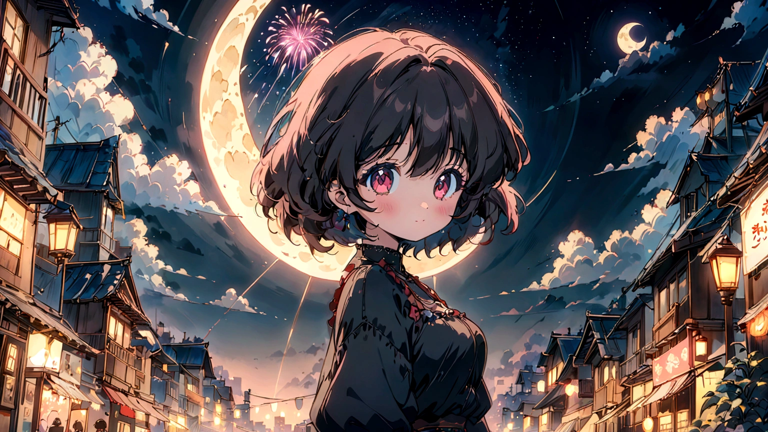 eid mubarak, glazing arab city, night, moon shape, clouds, fireworks in the sky, anime vibes, lofi artstyle, anime style 4 k, anime aesthetic, nightcore, lofi feel, lofi art, anime art wallpaper 4 k, anime art wallpaper 4k, anime wallpaper 4 k, anime wallpaper 4k, lofi vibes