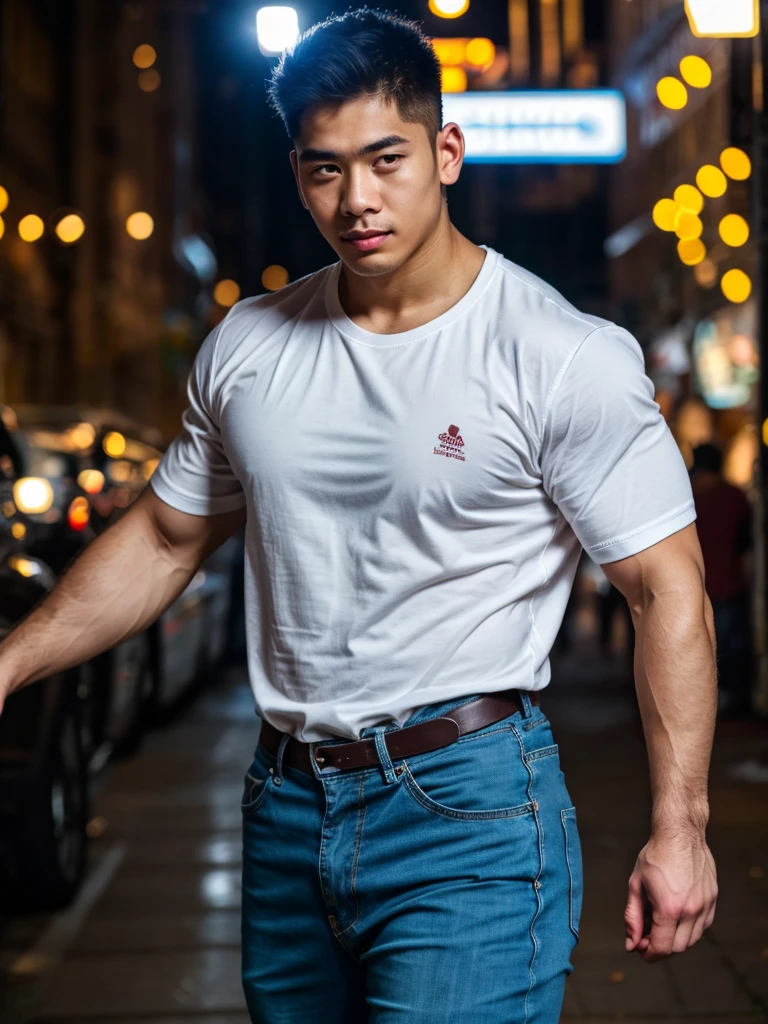 a young asian man, 20 years old, wearing a shirt and pants, dynamic movement pose, big pecs, (best quality,4k,8k,highres,masterpiece:1.2),ultra-detailed,(realistic,photorealistic,photo-realistic:1.37),HDR,UHD,studio lighting,ultra-fine painting,sharp focus,physically-based rendering,extreme detail description,professional,vivid colors,bokeh,portrait,photography