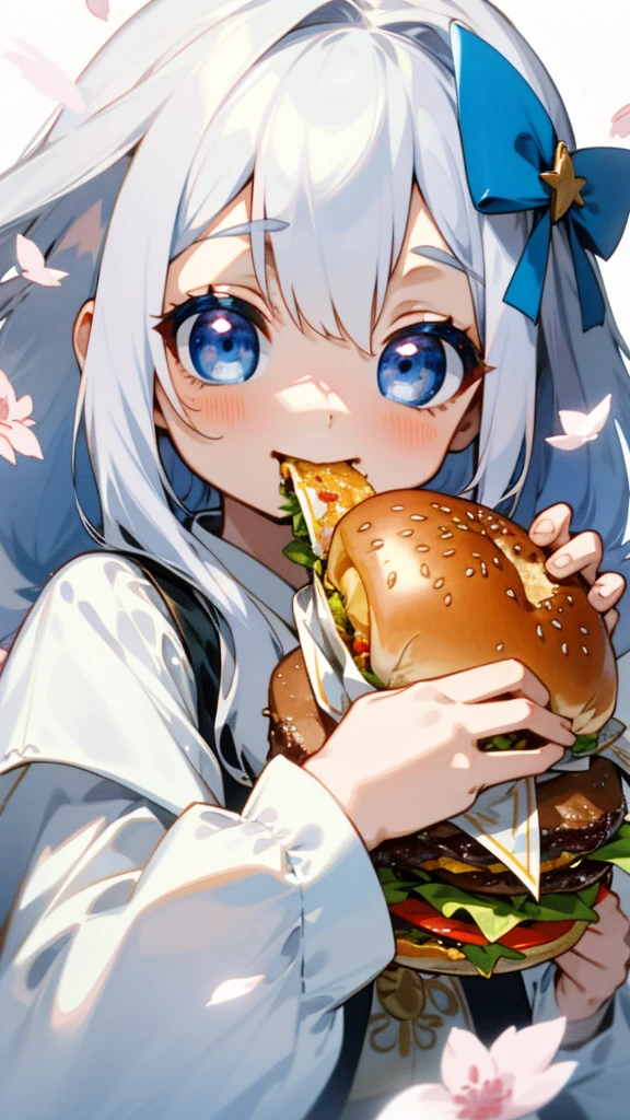 (Highest quality,masterpiece,Surreal),Silver Hair、Long Hair、Beautiful Blue Eyes、smile、Wearing a peasant tunic、Eating a hamburger、Beautiful and delicate girl portrait,Playful and cute,Background Petals fluttering,