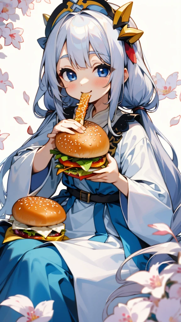 （Highest quality，masterpiece，Surreal），Silver Hair、Long Hair、Beautiful Blue Eyes、smile、Wearing a peasant tunic、Eating a hamburger、Beautiful and delicate girl portrait，Playful and cute，Background Petals fluttering，