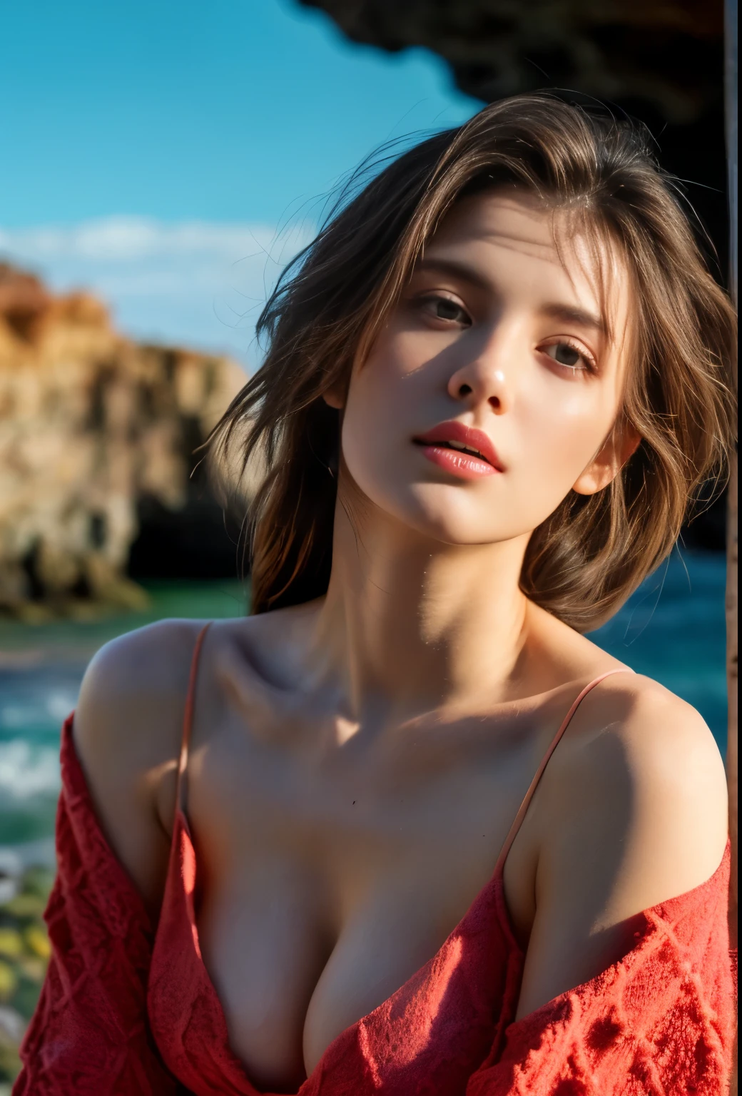 (best quality,4k,8k,highres,masterpiece:1.2),ultra-detailed,(Ultra-realistic, photorealistic,photo-realistic:1.37), 1 beautiful young Japanese Italian half model, 17yo, She's posing in a way that emphasizes her breasts, seductive pose, (sitting on coral coast in Australia:1.5), detailed eyes, high nose, blue eyes, delicate facial features, long eyelashes, peaceful expression, colorful dress, detailed folds and textures, Sparkling Waves, warm vibrant colors, cinematic lighting, 8k, high quality, photorealistic, studio lighting, detailed texture, vivid colors, toned body, detailed moist skin texture,