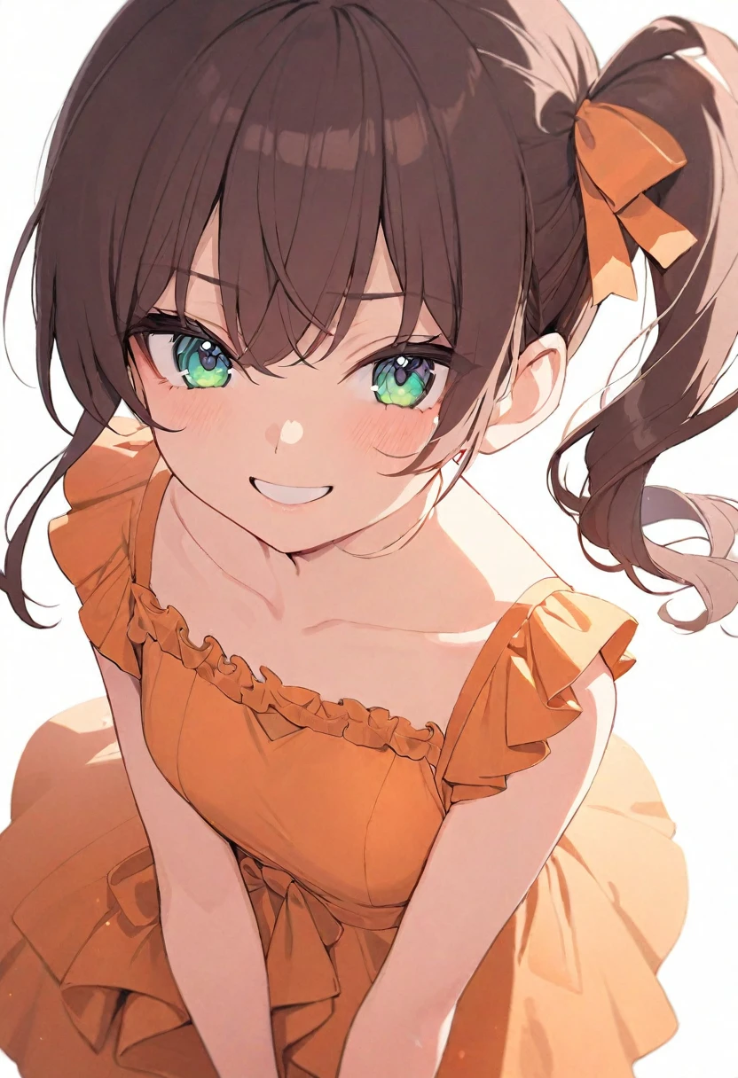 (masterpiece), (best quality), perfect face, beautiful girl, white background background, delicate and beautiful face and eyes, dark intense shadow, 
1 girl, vtuber style, cool girl, hololive, Natsuiro Matsuri, brown hair, one side up Ponytail, orange evening dress, Gorgeous evening dress, Ruffles dress, small chest, cropped shoulders, clavicle, winking, smile, body visible through clothes, chest visible through clothes, ass visible through thighs, High heel, (full body), looking at viewer, standing, 