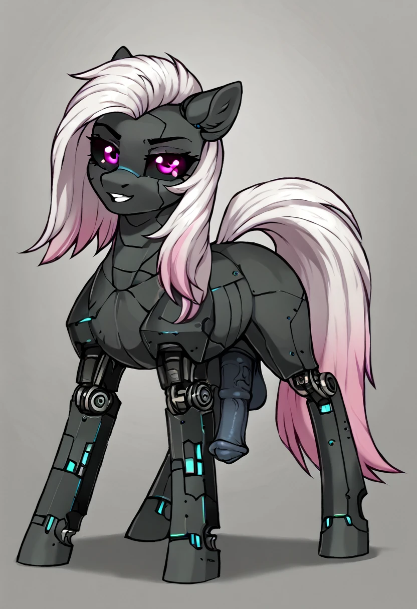 Earth pony, white mane,light blue cybernetic eyes, cybernetic body,black sclera ,black body color long mane ,pony ,horny pink eyes futa
