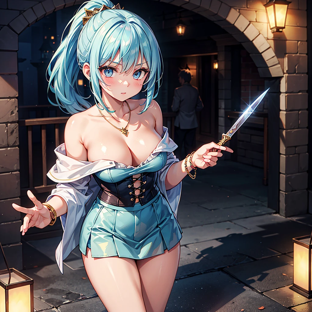 Anime Moe Art Style,Highest quality,High resolution,Anatomically correct,One Girl,Mid-s,A girl with light blue hair in a ponytail,Super detailed,Fantasy World,Off-the-shoulder tops,mini skirt,Big Breasts,Shiny skin,Beautiful Skin,A rich expression,Serious expression,Hide in the shadows and watch the enemy,Hold the dagger,Eyes drawn in detail,hair ornaments,necklace,bracelet,8K