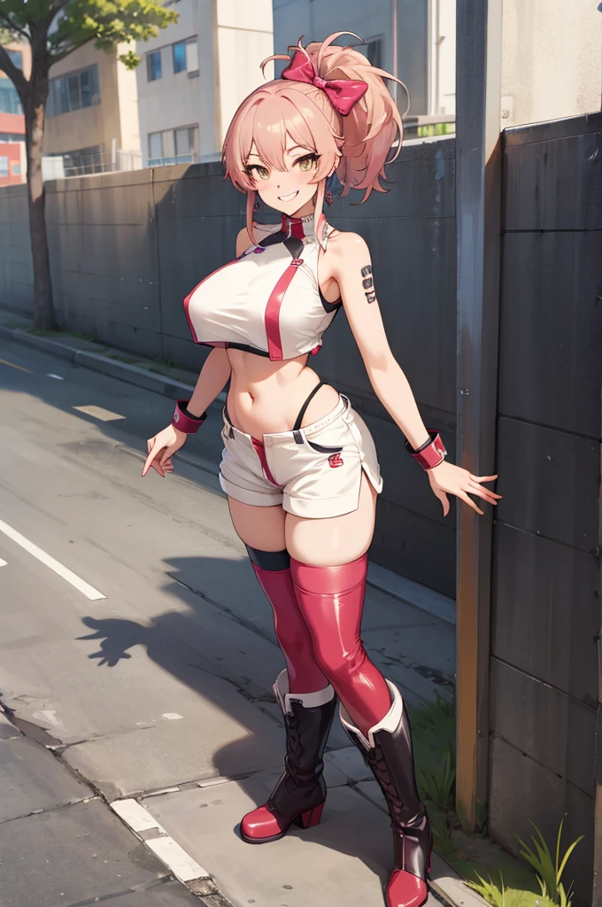 masterpiece, best quality, highres, aamika, ponytail, hair bow,,grin,evil smile, , latex ,looking viewer,thighhighs,shorts,boots,navel,crop top,standing,outdoor,((nsfw)),big breasts