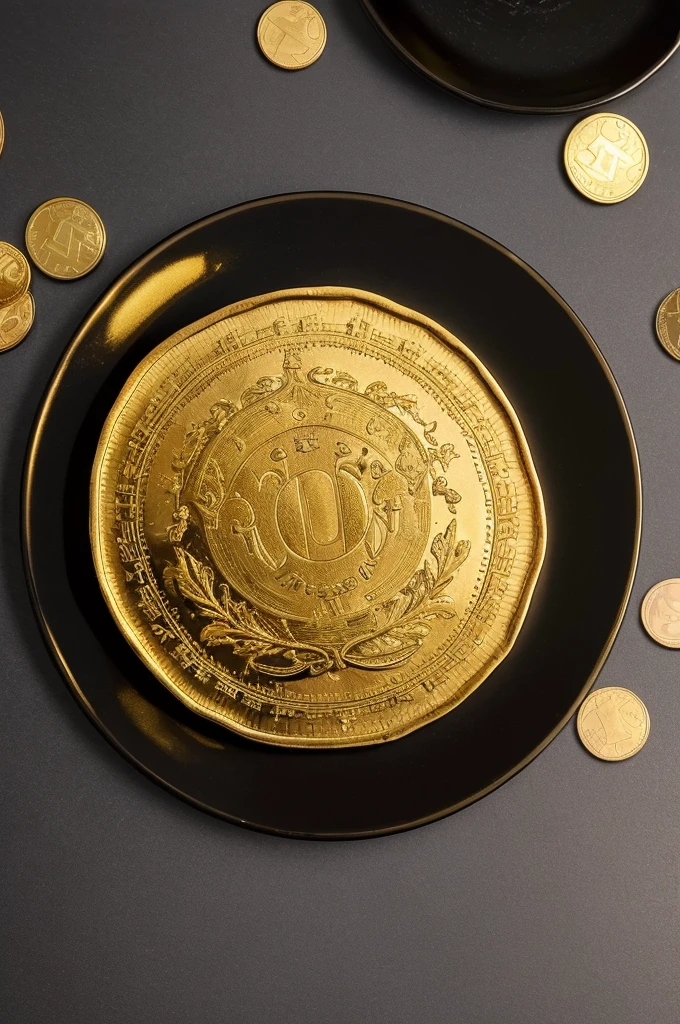 ((1 big gold coin on the table)),The background is black plate,from above
