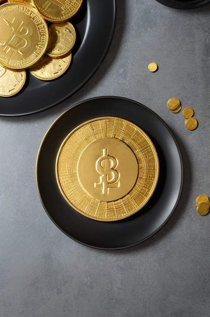 ((1 big gold coin on the table)),The background is black plate,from above