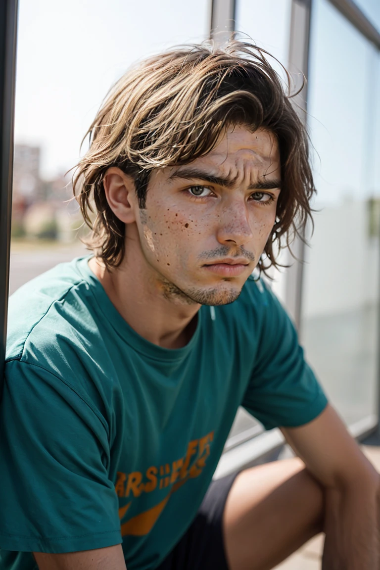 shot by Sony a7 IV Mirrorless Camera, natural light, analog film photo, Kodachrome ,photo of a 20 years old boy with brown eyes, blonde hair, deeply depressed expression, with some freckles
