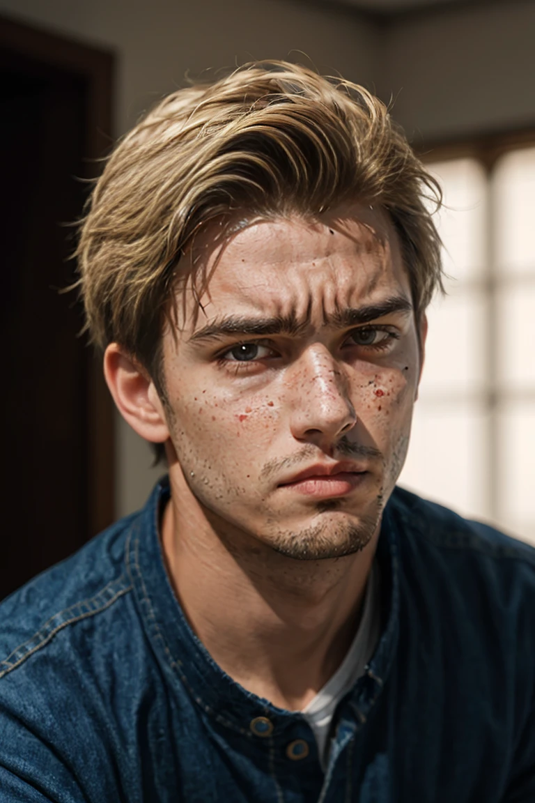 shot by Sony a7 IV Mirrorless Camera, natural light, analog film photo, Kodachrome ,photo of a 20 years old boy with brown eyes, blonde hair, deeply depressed expression, with some freckles