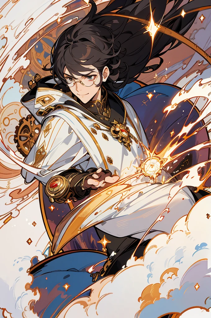 masterpiece, best quality, 1 male, young, tall muscular, handsome, finely detailed eyes, intricate details, black hair, (style-swirlmagic:1.0), smile, solo, upper body, detailed background, detailed face, (steampunk theme:1.1) good sorcerer, color magical robes, determined expression, white color scheme, dark crimson light, glowing magical runes, white atmosphere, realistic lighting, floating particles, sparks, surrounded by gold lightning red arcane symbols, corrupted by eldritch power, bloom, glasses