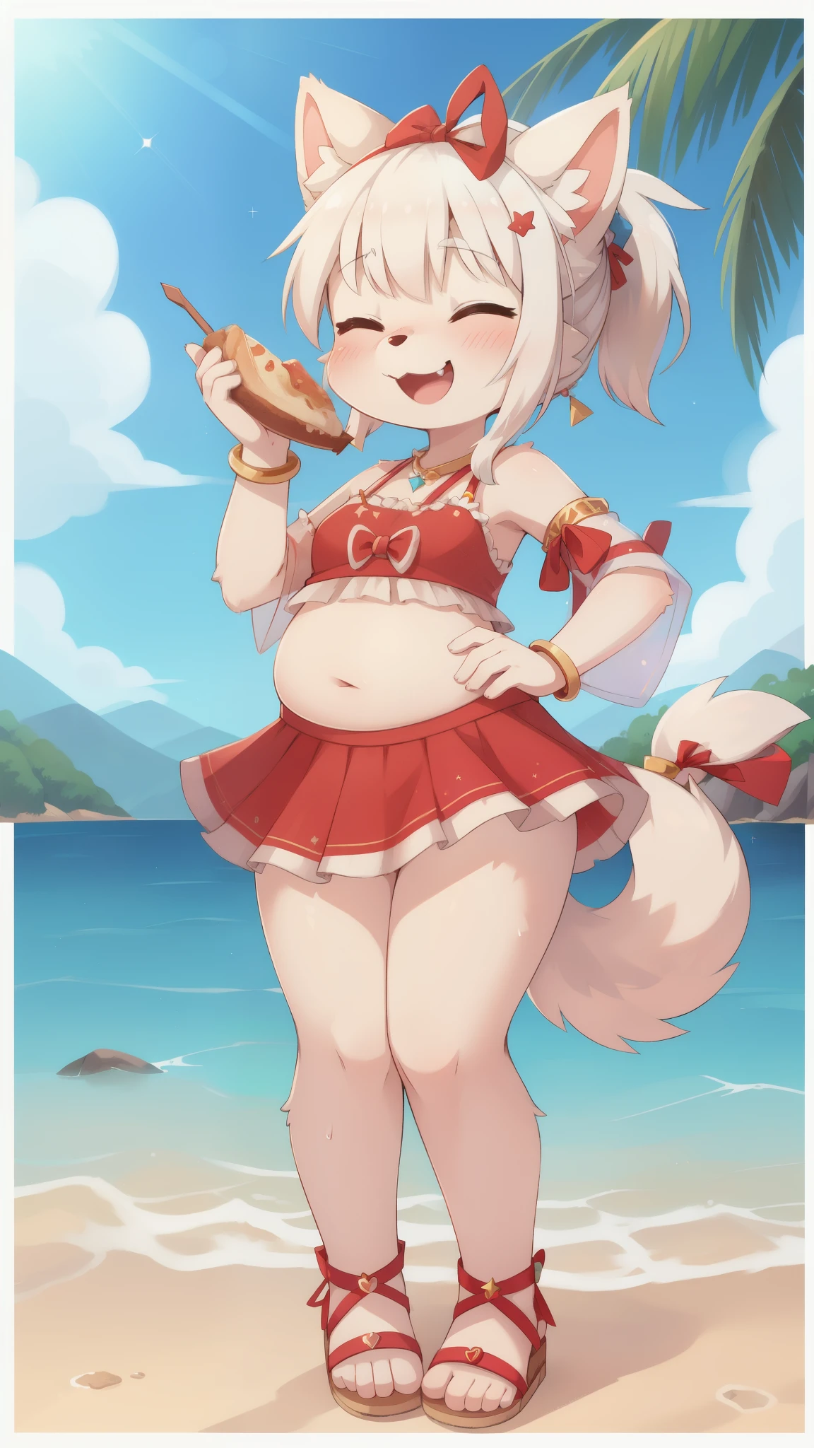 closed eyes, furry, solo, white fur, happy, jewelry, animal ears, animal nose, tail, holding, bracelet, full body, 1girl, blue frilly tank top, midriff, frilly mini skirt, standing, smile, fang, blush, white hair, furry female, see-through, open mouth, body fur, sandals, food, ^ ^, arm up, sidelocks, innertube, holding food, ponytail, dog tail, skewer, water, border, hair ornament, dog ears, hand up, skin fang, :3, ribbon, dog girl, red ribbon, two-tone fur, topknot, holding innertube, see-through sleeves, bangs, star \(symbol\), chubby,
