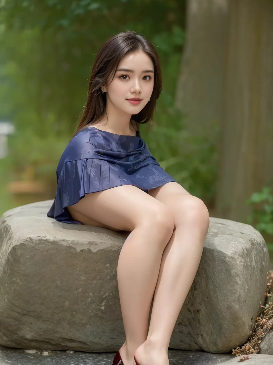 ((Best Quality, 8K, Masterpiece:1.3)), 40k, photography, Perfect Body Beauty:1.4, Cinematic lighting, Black long hair, straight Bangs, (Blue batik:1.1) , (in front of cafe:1.2), Highly detailed face and skin texture, Detailed Eyes, Double eyelids, skin brightening, perfect faces, (Huge breasts:1.5), (nighttime), Smile, Earrings, necklaces, mature women, coffee on table, (a women sitting On the stone in the mouth sea), s whole body, Pretty legs, high-heel