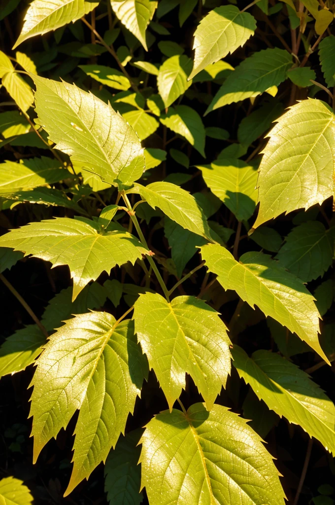casting a golden glow on the dew-kissed leaves.