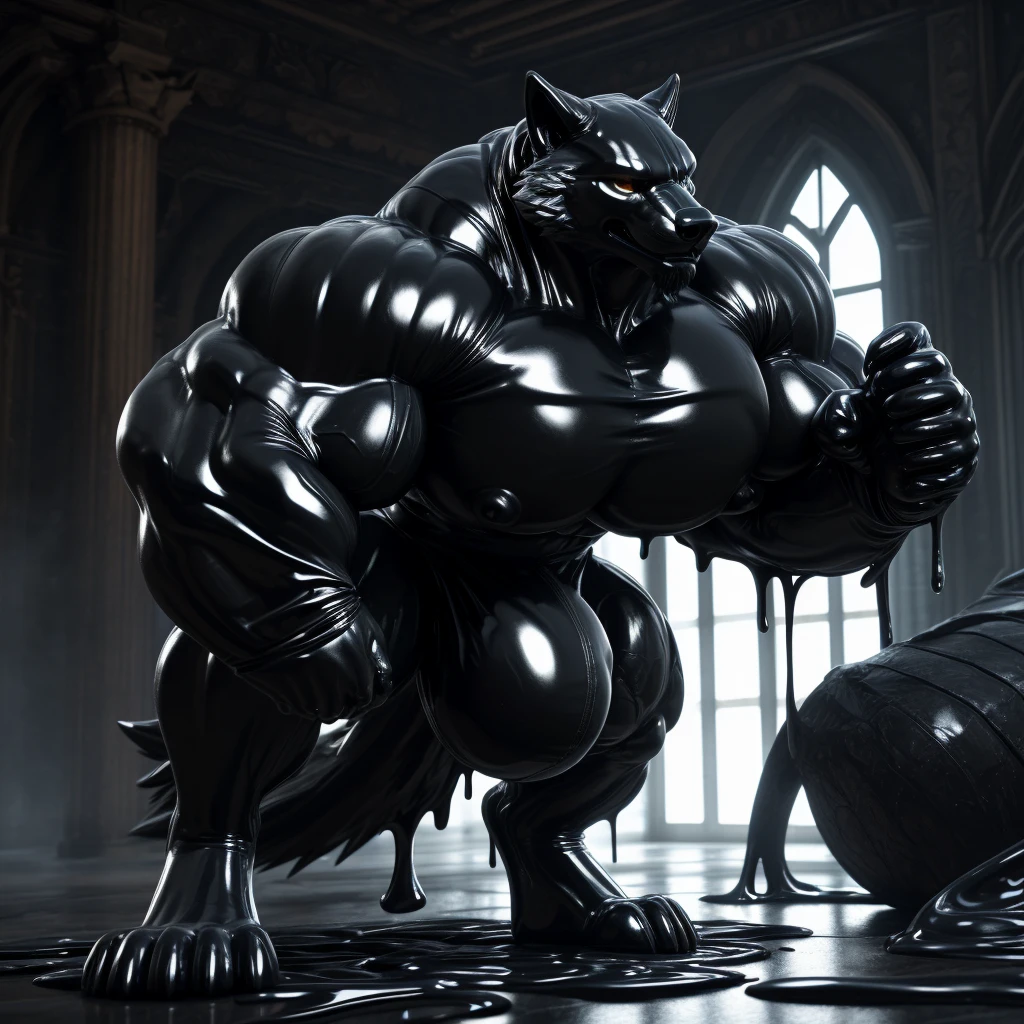 solo, male, , , ,  (hyper pecs:1.2), （long thick thighs:1.5）, standing, indoor,，(，,(,solo,very hyper muscles:1.3)((, Huge bulge：1.3))）（corruption)), black glowing liquid，（((liquid_latex, , rubber:1.2)，,black latex，goo transformation，(gooey)()(l），unreal engine,perfect light，detailed, photorealistic, 4k, hd, , , , good anatomy, , (), ,, high quality, best quality, concept art, photorealistic, wolf