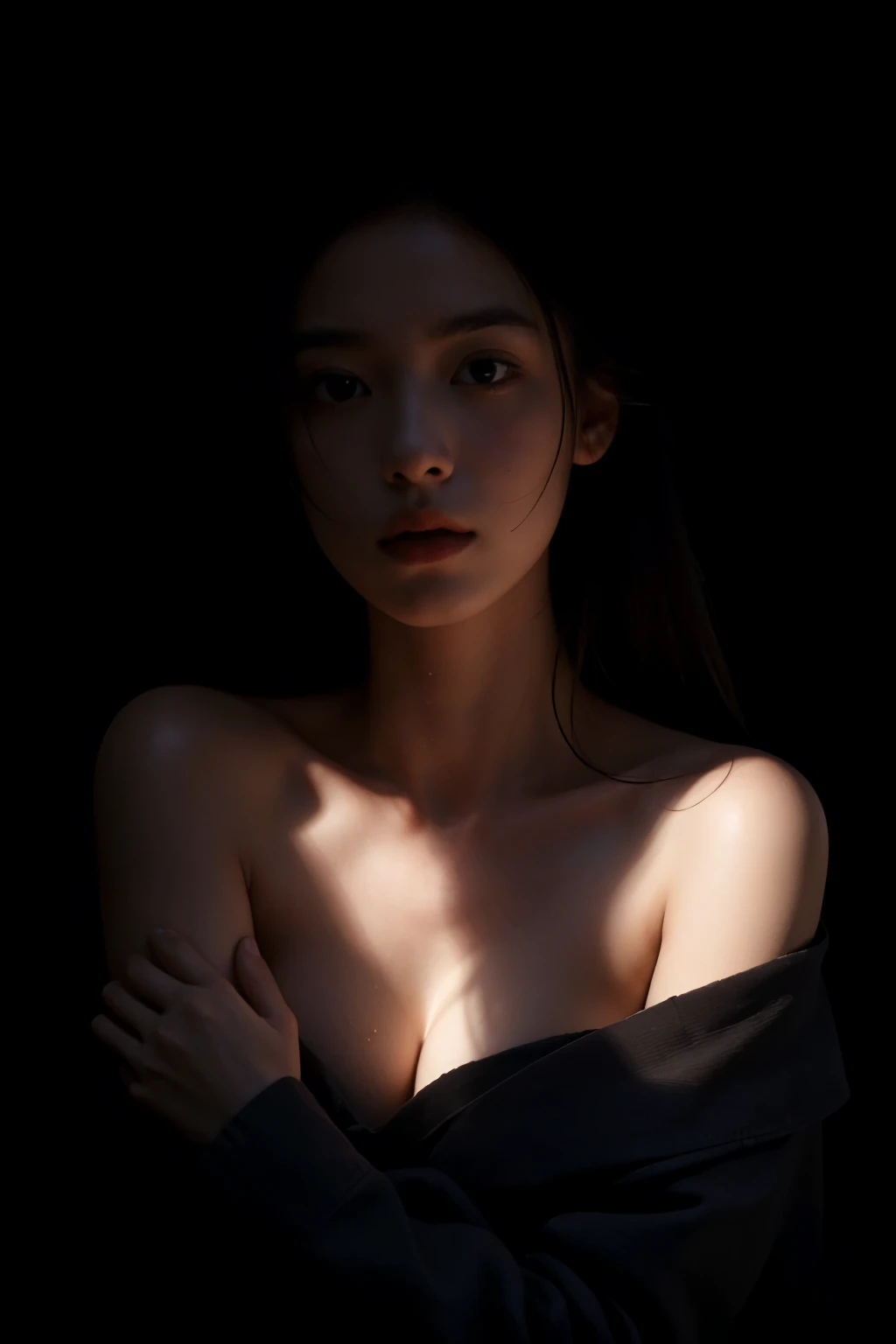 Best quality, masterpiece, ultra high res, (photorealistic:1.4), raw photo, 1girl, offshoulder, in the dark, deep shadow, low key, cold light, chiaroscuro